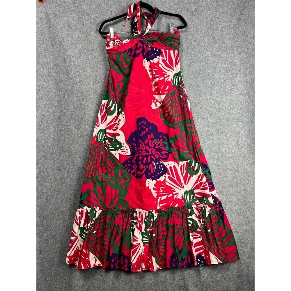 Ann Taylor Dress Women 6 Pink Red Halter Hawaiian Print Ruffle Hem Maxi Lined
